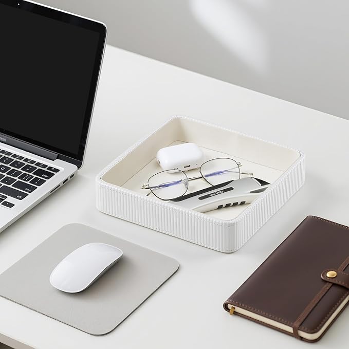 Small Valet Tray, 8"x8" Nightstand Organizer for Women Men| PU Leather Desk Organizer Trinket Dish| Decorative Vanity Tray Catch All Key Bowl for Dresser Bedside Coffee Table Entryway (Cream)