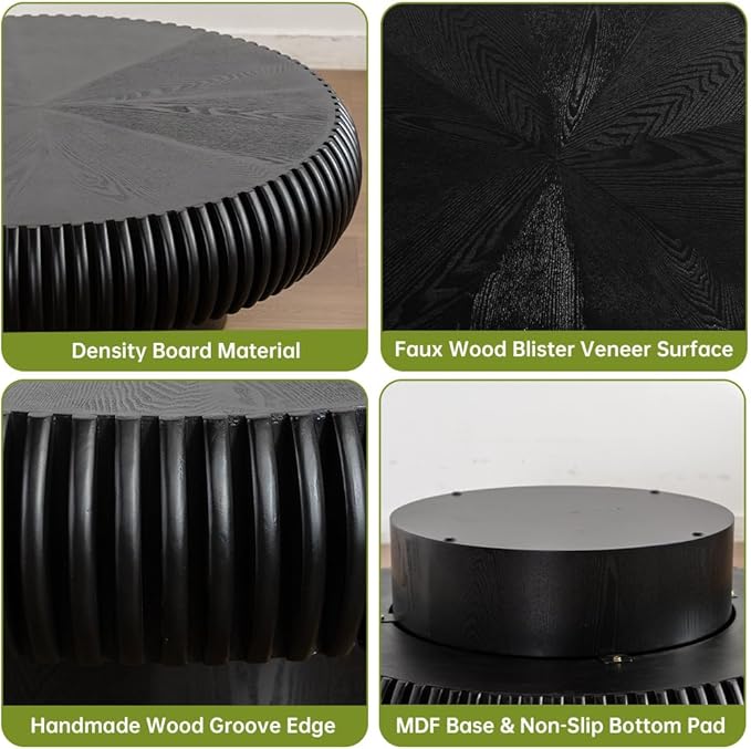 Black Round Coffee Table for Living Room Round Fluted Drum Coffee Table Modern Fluted Coffee Tables for Living Room (Black, 39.3 inch)