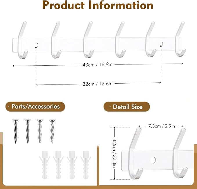 FANYITY 2 Pack White Coat Rack Wall Mount, Coat Hooks for Wall, Entryway Coat Hanger Wall Mounted with 6 Double Dual Hooks for Purse Jacket Hat