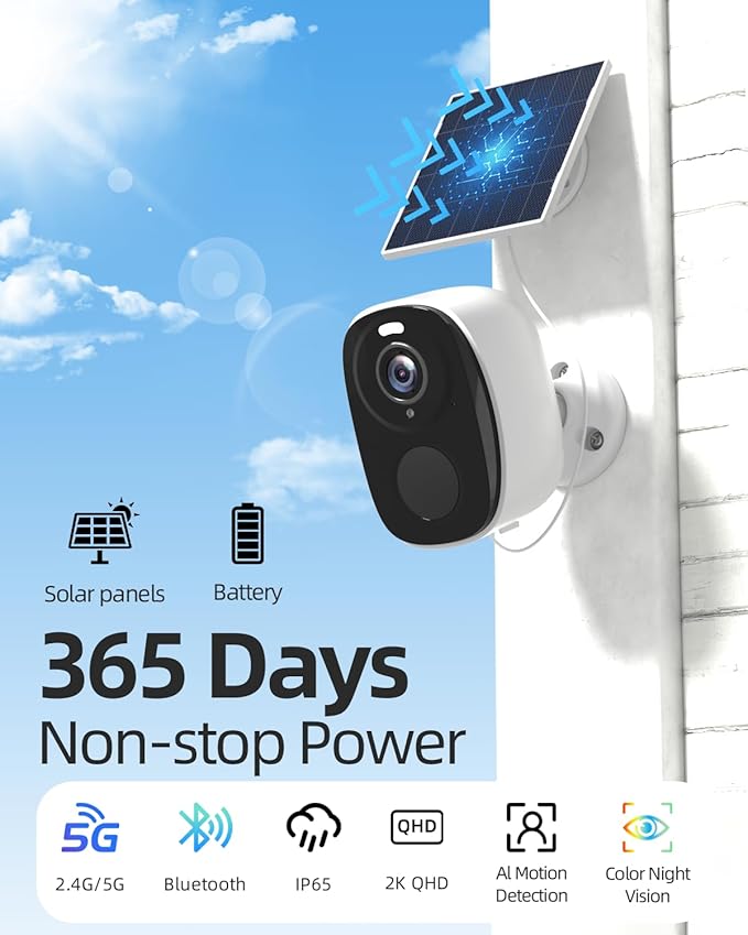 2.4&5ghz WiFi Solar Security Cameras Wireless Outdoor,2K QHD Home Security System, Solar Cameras Kit with 130° Ultra-Wide View, 2-Way Talk, IP65,Color Night Vision, Spotlight & Siren (1, White)