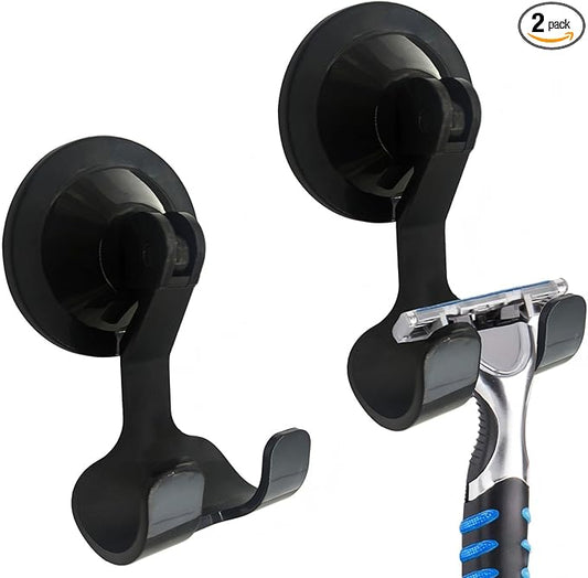 2-Pack Razor Holder for Shower with Suction Cup - Vacuum Wreath Hanger for Door, Wall, or Window, No Drill Adhesive Hook for Bathroom, Kitchen, Hotel - Black