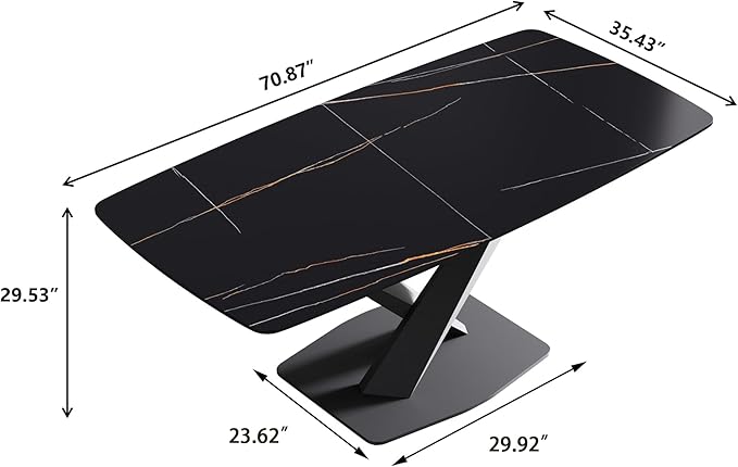 Modern Rectangle Marble Dining Table for 6,71" Black Sintered Stone Top Dining Table,Rectangle Dining Room Table with X-Shape Carbon Steel Pedestal for Kitchen/Living Room(Table Only)