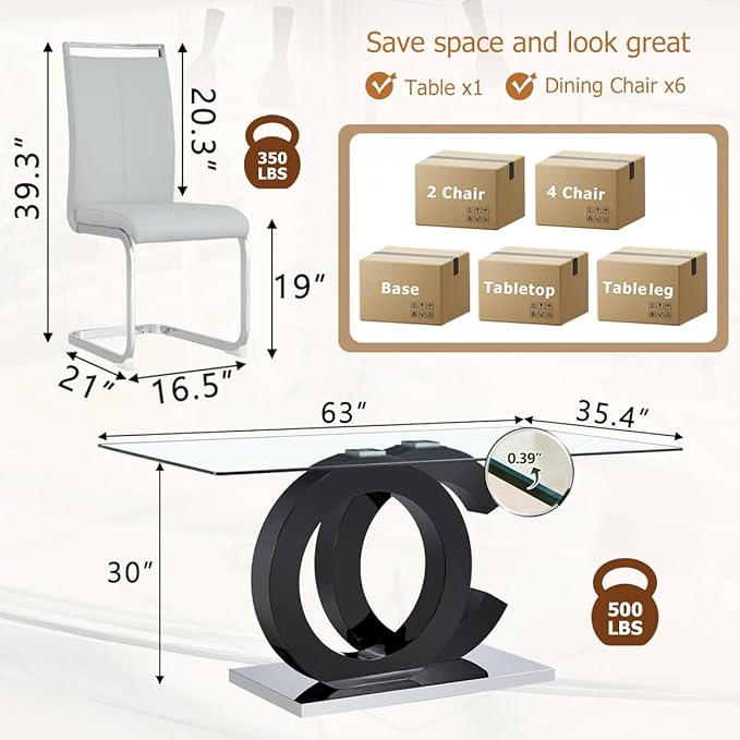 63'' Glass Dining Table Set for 6, Kitchen Table Chairs Set of 6, Clear Glass Dining Table with Black unique design Leg and Silver Metal Base, 6 PU Dining Chairs with Metal Legs, Living Room, Kitchen.
