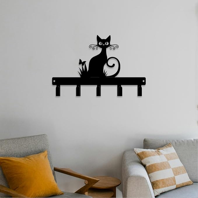 magilab Cat-Themed 10-Inch Iron Key Hooks with 5 Hooks, Black Wall Organizer - Cute Cat Design for Home Decor, No Drill & Screw-in Options (Style E)