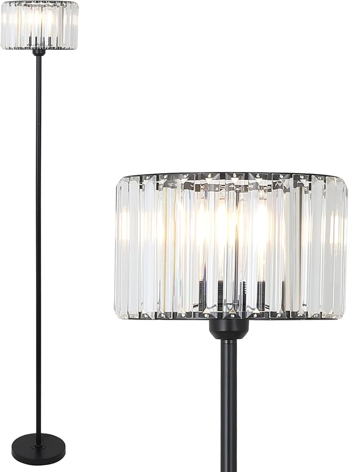 HMVPL Black Floor Lamp for Bedroom, Modern Floor Lamp for Living Room with K9 Crystal Shade, Industrial Standing Lamp with On/Off Switch, Vintage Corner Tall Lamp for Nursery Office Kids Girls Room