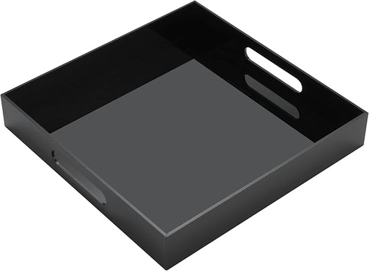 Glossy Black Acrylic Serving Tray with Handles-Butler Trays for Coffee Table, Snacks,Breakfast in Bed, Kitchen Countertop,Vanity,Makeup Organizer,Ottoman (Black, 12x12 Inches)