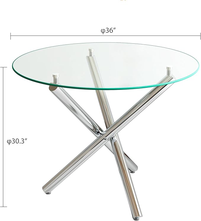 36" Round Glass Dining Room Table for 4 with Tempered Glass Top and Silver Chrome Metal Tube Legs, Modern Clear Kitchen and Dinner Table for Home Office Dining Room