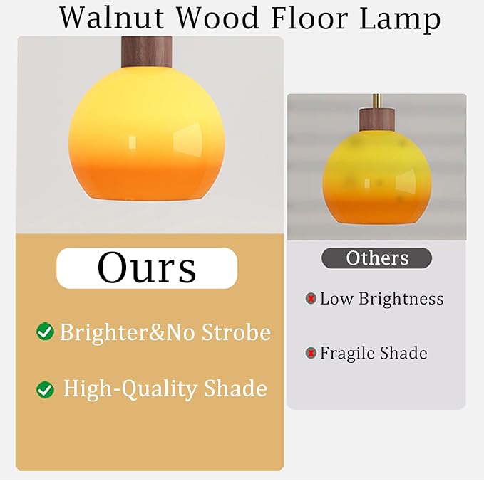 MIXL-Walnut Wood Finish Floor Lamp with Orange Shade,Dimmable Led Glass Standing Lamp,Farmhouse Style Floor Reading Lamps for Living Room Bedroom and Office