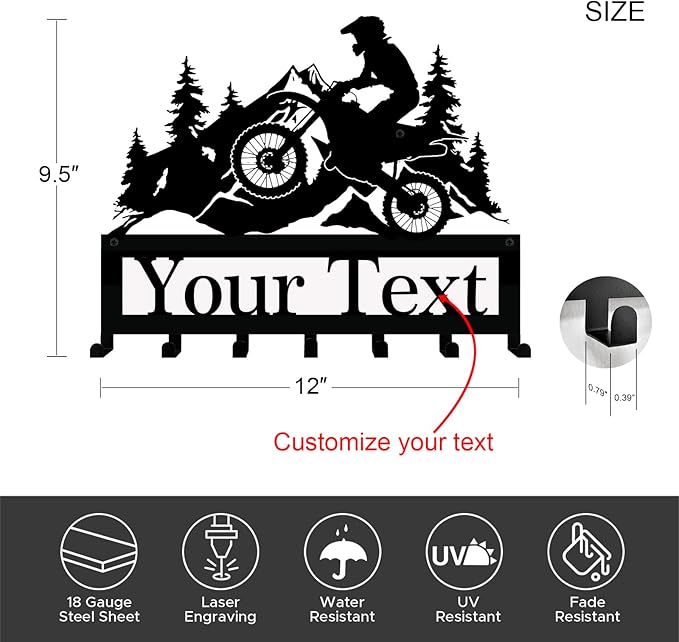 NIWAHO Personalized Dirt Bike Key Holder Wall Mount - Custom Metal Name Sign with Hooks for Garage, Motocross Room, or Entryway Decor