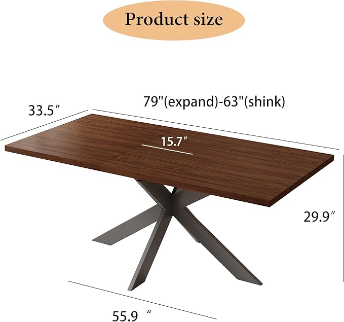 ZckyCine 63"-79" Extendable Dining Table, Modern Walnut Finish Table with Sturdy Metal Frame, Rectangular Kitchen Table for 6-8 People, Easy Assembly, Space-Saving Design
