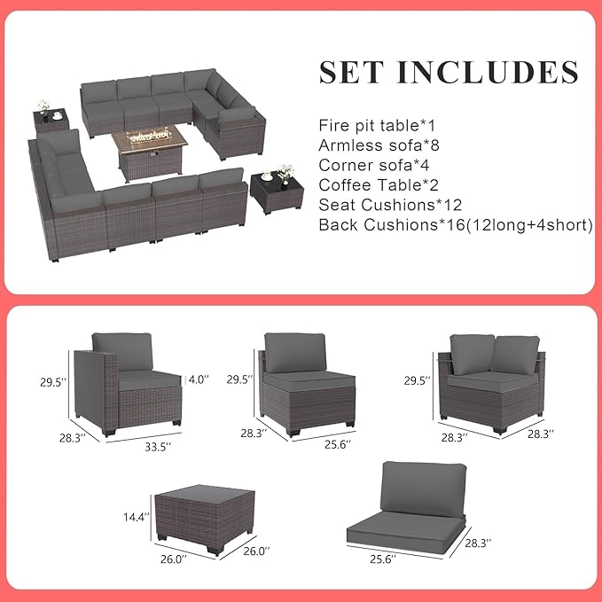 Gotland 15 Pieces Patio Furniture Set with Fire Pit Table, All Weather Rattan Outdoor Furniture with 29.5'' High Backrest 4’’ Thick Cushions Coffee Table, Patio Set for Porch, Deck, Backyard, Gray