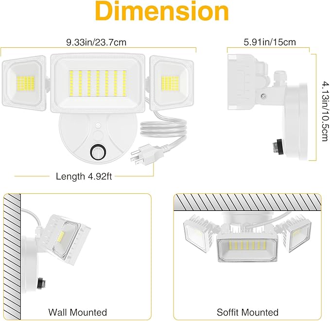 Onforu 60W Plug in Flood Light,6000 LM Dusk to Dawn Outdoor Lighting,White Outdoor Lights with Remote,IP65 Waterproof Security Lights,2Modes 3 Adjustable Heads Light for Garage Yard