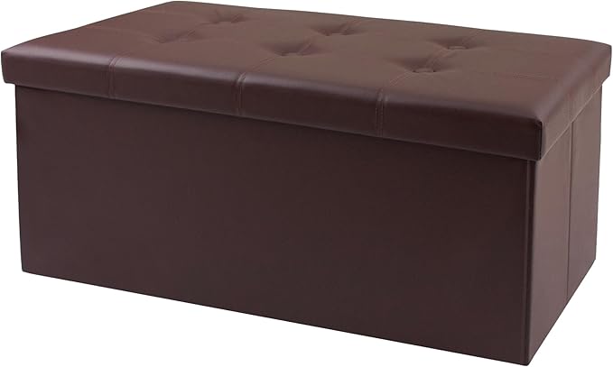 30 Inches Folding Storage Ottoman Bench, Faux Leather Footstool Ottoman, Storage Trunk Footrest for Bedroom, Living Room and Hallway, Support 350lbs, Brown(Brown line)