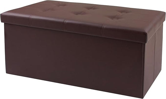 30 Inches Folding Storage Ottoman Bench, Faux Leather Footstool Ottoman, Storage Trunk Footrest for Bedroom, Living Room and Hallway, Support 350lbs, Brown(Brown line)