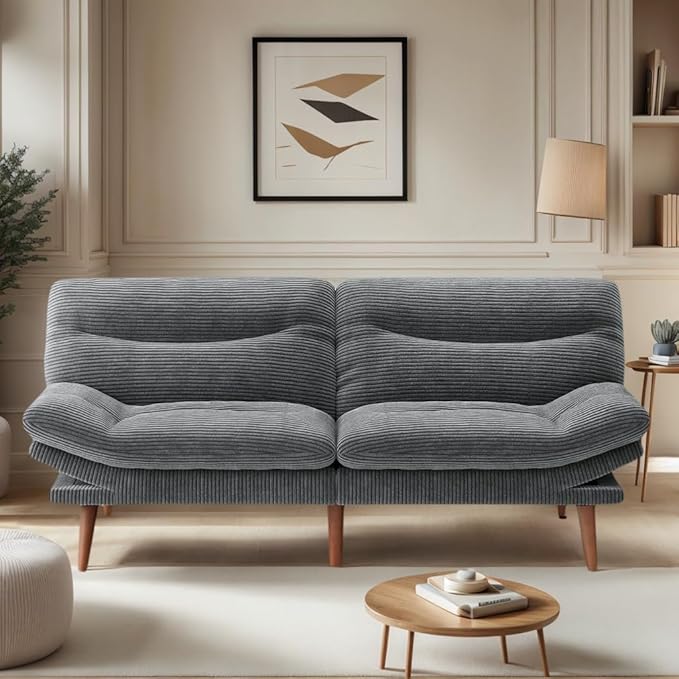 Amada 66" Convertible Futon Sofa Bed, Corduroy Folding Futon Set with Adjustable Backrest &Armrests, Recliner Lounge for Living Room, Apartment or Office, Solid Wood Frame, Loveseat Sofa - Grey