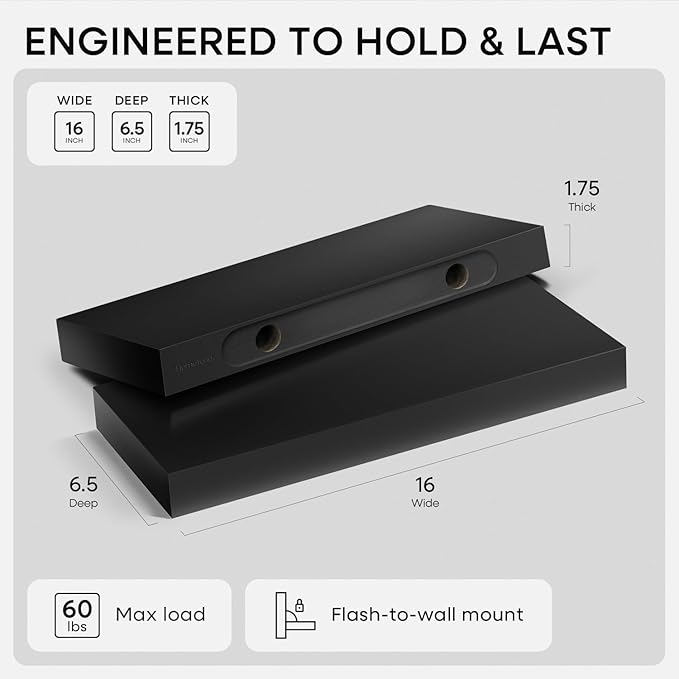 Homeforia 16 inch Black Floating Shelves, High End Solid Real Wood 16inch Bathroom Floating Shelves for Wall Mounted, 16in Wooden Small Floating Shelf, Heavy Duty Bracket, 16 X 6.5 X 1.75 in, Set of 3