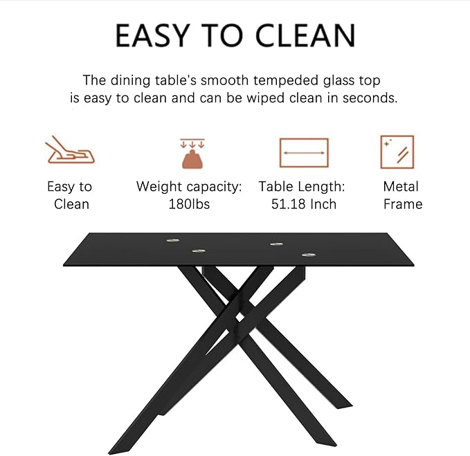 51" Rectangular Glass Dining Room Table for 4 with Tempered Glass Top and Black Metal Legs, Modern Black Kitchen and Dinner Table for Home Office Dining Room
