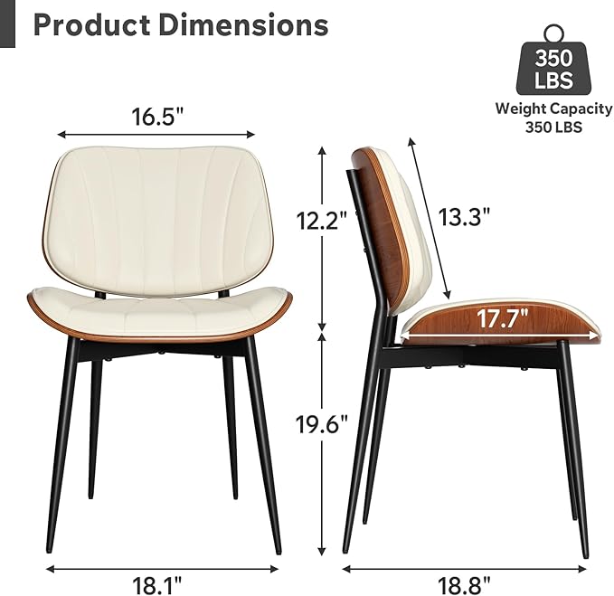 Dining Chairs Set of 2, Mid Century Modern Dining Room Chair, Upholstered Faux Leather Kitchen Chairs with Walnut Bentwood Back and Metal Legs for Kitchen Dining Room Living Room, Beige