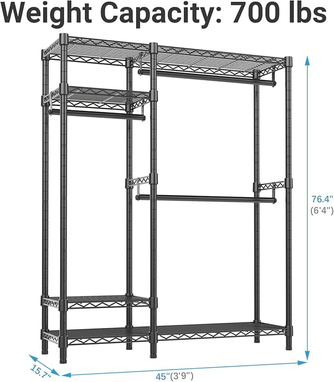 VIPEK V2 Heavy Duty Clothes Rack, Portable Metal Clothing Racks with 4 Tiers Adjustable Wire Shelving & 3 Hanging Rods, Freestanding Wardrobe Portable Closet Rack, Max Load 700LBS, Black