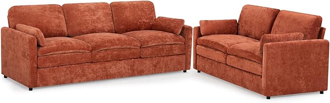 2 Pieces Chenille Sofa Set w/Arm Pillows, Upholstered Loveseat & 3 Seater Sofa w/Comfortable Back Cushions, Modern 2-Seat & 3-Seat w/High-Density Foam for Living Room, Apartment, Orange