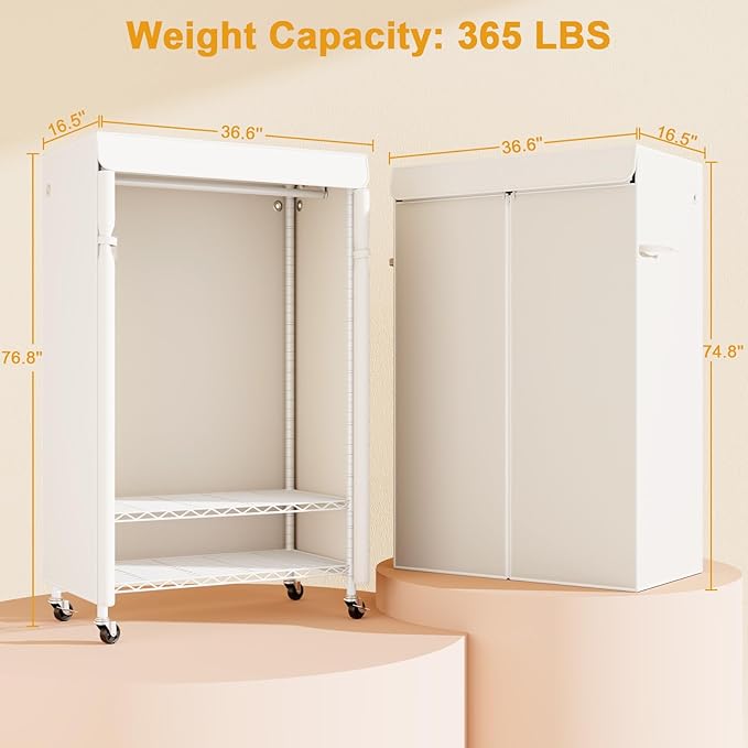P6C Rolling Clothes Rack with Cover, Covered Clothing Racks Heavy Duty, Portable Closet for Hanging Clothes, Garment Racks on Wheels, White Closet Rack with White Cover, Max Load 365LBS