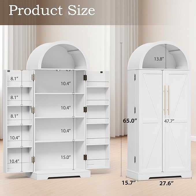 65" H Arched Kitchen Pantry Cabinet, Modern Farmhouse Storage Cupboard with Adjustable Shelves, White Freestanding Wood Cabinet for Kitchen, Living Room, Dining Room