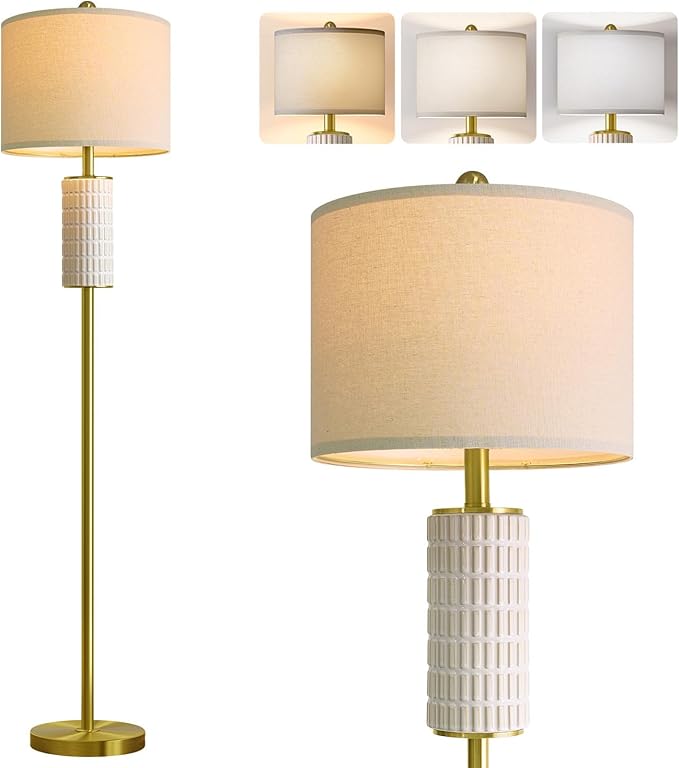 PoKat Ceramic Gold Floor Lamp with Remote, 64" Modern Floor Lamps for Living Room with Stepless Dimmable Colors Temperature, Tall Standing Lamp for Living Room Bedroom Reading, 9W Bulb Included