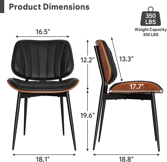 Dining Chairs Set of 6, Mid Century Modern Dining Room Chairs, Upholstered Faux Leather Kitchen Chair with Walnut Bentwood Back and Metal Legs for Kitchen Living Room, Black