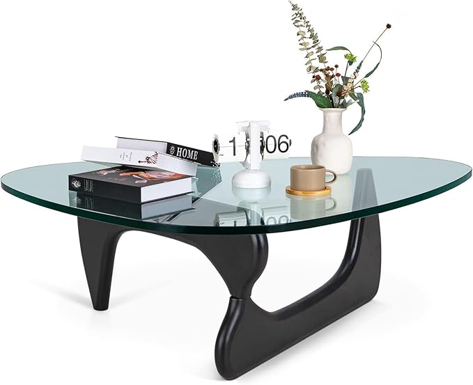 Mid Century Table Triangle Vintage Glass End Table, Glass Coffee Table with Solid Wood Base and Triangle Clear Glass Top Modern End Table for Living Room, Patio, Study, Black