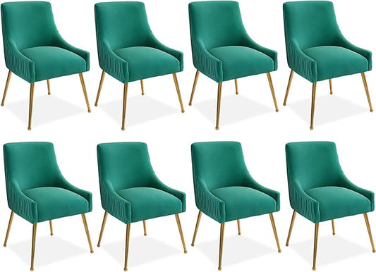 Dining Chairs, Accent Chairs Set of 8, Modern Upholstered Kitchen Dining Room Chairs with Gold Legs, Fabric Tufted Velvet Living Room Chairs for Reception Room Bedroom Guest Room (Deep Green)