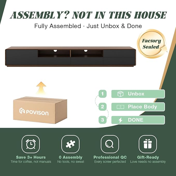 Modern 94" Solid Wood TV Stand, Lowline Media Console with 4 Drawers, Open Storage Cabinet, Walnut Veneer, Fully-Assembled (TV Stand Only)