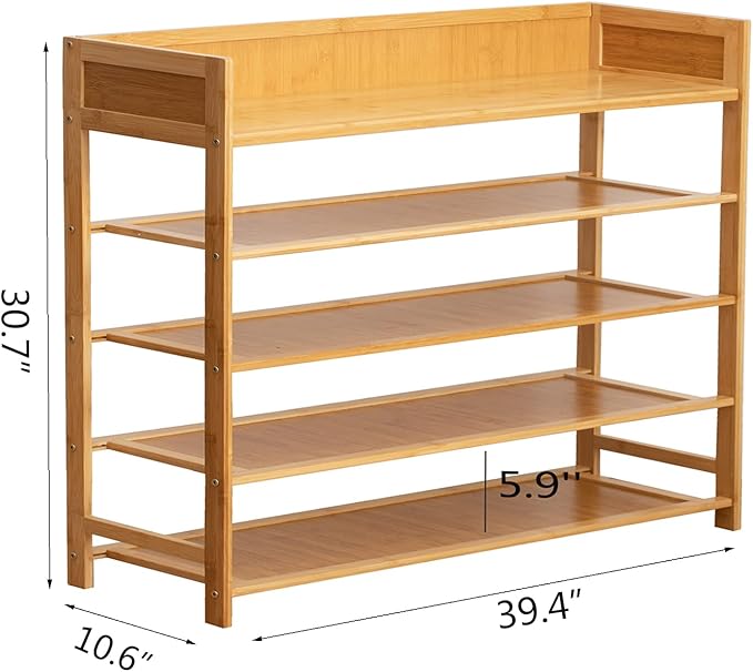 Bamboo Shoe Rack Organizer, 5 Tier Shoe shelf Storage Organizer, For Entryway, Hallway, and Closet (Nature-39.4")