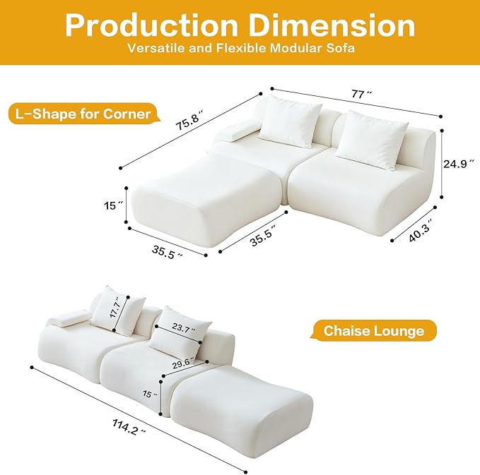 Sectional Couches for Living Room 114" Boneless Couch with Ottoman, Modular Sectional Sofa L Shaped Couch with 2 Seater, Cloud Couches Modern Compressed Sofas No Assembly
