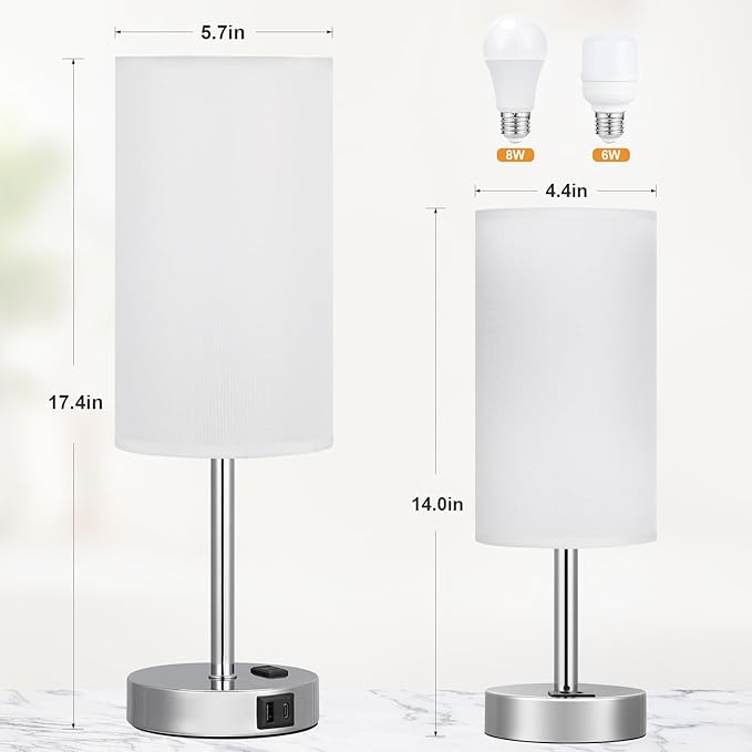 17.4Inch Bedside Touch Table Lamps for Bedroom - Tall Nightstand Lamp with USB-C USB-A Charging Ports White - 3 Way Dimmable Small Desk Lamp for Office, Dorm Room, Living Room, Reading
