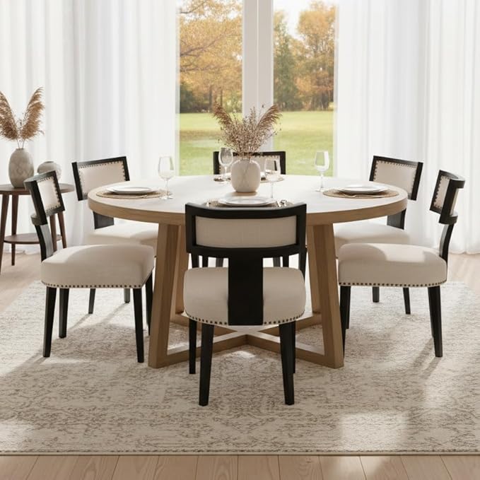 Mid Century Modern Dining Chairs Set of 6 Linen Fabric Upholstered Kitchen Side Chairs with Nailhead Trim, Modern Kitchen Armless Solid Wood Dining Chairs, Beige