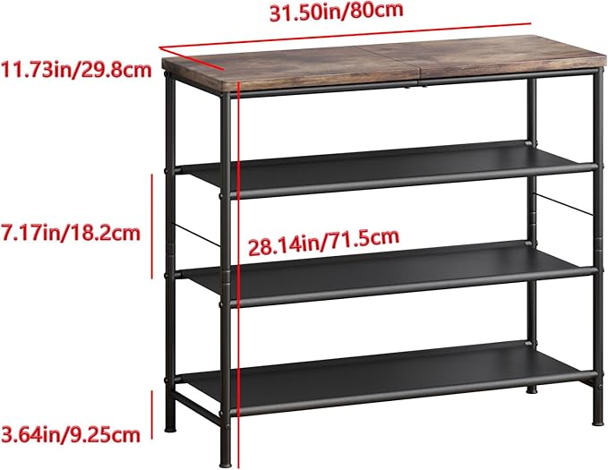 Shoe Rack Organizer 4 Tier Metal Organizer Shelf with Industrial MDF Board and Layer Fabric for Entryway Closet Bedroom Living Room Garage,Black & Rustic Brown (Black+Rustic Brown, 4 Tier)
