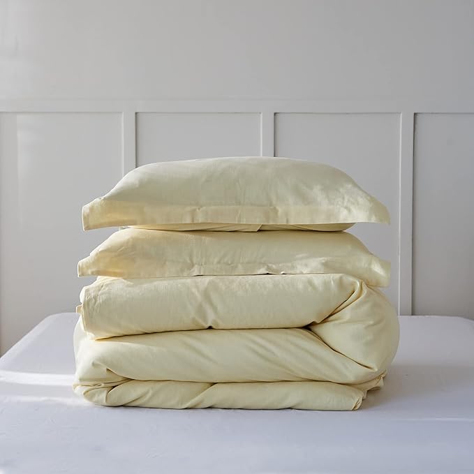 Simple&Opulence French Linen Duvet Cover Set - Twin Size(68" x 86")- 2 Pieces (1 Comforter Cover,1 Pillowcase)- Natural Flax Cotton Blend-Solid Color Breathable Farmhouse Bedding-Pale Yellow