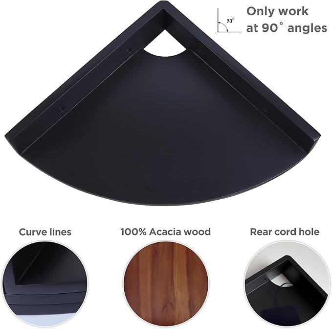 Demigo Corner Shelf Wall Mount Set of 3, Solid Acacia Wood Round Floating Corner Shelves for Storage and Display, Hanging Wood Shelves for Bedroom, Kitchen, Living Room, Bathroom (Black)