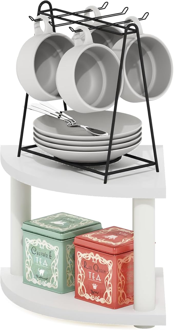 Furinno Turn-N-Tube Kitchen Countertop Organizer, 2-Tier Corner Countertop Organizer Shelf, Corner Shelf, for Kitchen, Pantry, Organizers and Storage, White