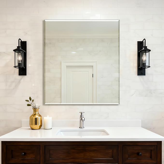 Ruomeng Frameless Mirror for Wall, 40x36 Inch Bathroom Vanity Mirror Farmhouse, Large Rectangle Mirror with Beveled Edge, Tempered Glass, Hangs Horizontally or Vertically
