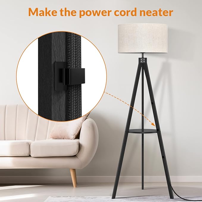 LEPOWER Tripod Floor Lamp, Mid Century Wood Standing Lamp, Modern Design Shelf Floor Lamp for Living Room, Bedroom, Office, Flaxen Lamp Shade with E26 Lamp Base Black