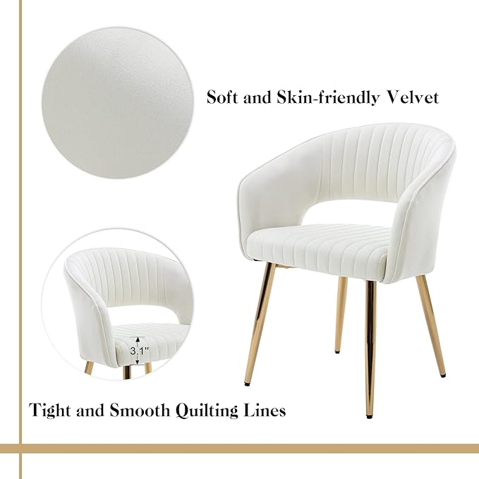 Beige Velvet Dining Chairs Set of 2, Upholstered Gold Dining Chairs with Tufted Back, Modern Dining Room Chairs with Gold Legs, Accent Arm Chairs Kitchen Chairs for Dining Room Reception