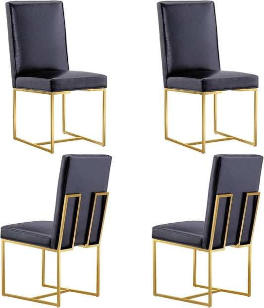 AUZ Dining Chairs Set of 4, Black Faux Leather Upholstered Dining Room Chairs with Polished Gold Stainless Steel Sled Legs