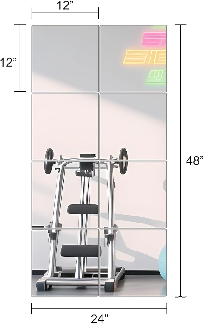 Ruomeng Full Length Mirror Tiles - 12 Inch x 8Pcs Frameless Wall Mirror Full Body Mirror for Home Gym Vanity Bedroom, Living Room