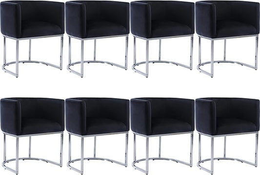 Velvet Dining Chairs Set of 8 Modern Barrel Arm Chairs with Chrome Metal Frame, Upholstered Kitchen Chairs 18.5" Wide Accent Chairs for Living Room Dining Room Restaurant, Black