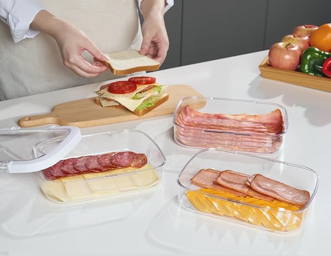Felli Duo Loc Deli Meat Containers for Fridge with Airtight Lids, Stackable Refrigerator Organizer for Lunch Meat Storage Sandwich Ham Cheese Salami Sliced Turkey, Clear Tritan Box (Cold Cuts 3pk)