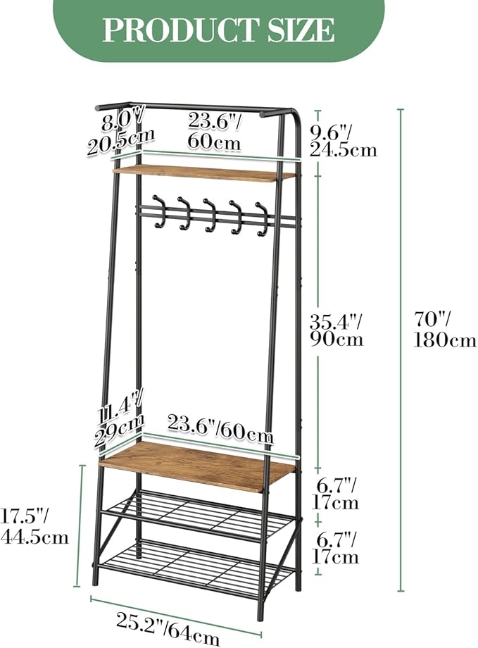 MDF Hall Tree with Bench, 4-in-1 Entryway Coat Rack with Storage Shelf & Shoe Organizer, Sturdy Freestanding Furniture for Living Room, Bedroom, Mudroom