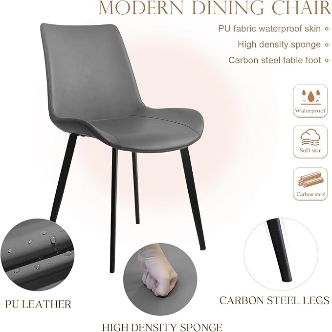 Dining Chairs, PU Leather Dining Chair, Dining Room Chair with Sturdy Metal Legs, Upholstered Seat Dinner Chairs Accent Side Chairs for Indoor Kitchen Living Room Restaurant(Grey, Set of 4)