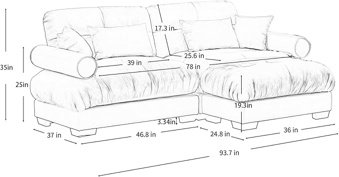 93.7” Oversized Grey Velvet Loveseat Sofa, Deep Seat 2-Seater Modular Sectional Couches for Living Room with 1 Ottoman, Cloud Home Sofas Set, Love Seat Couches