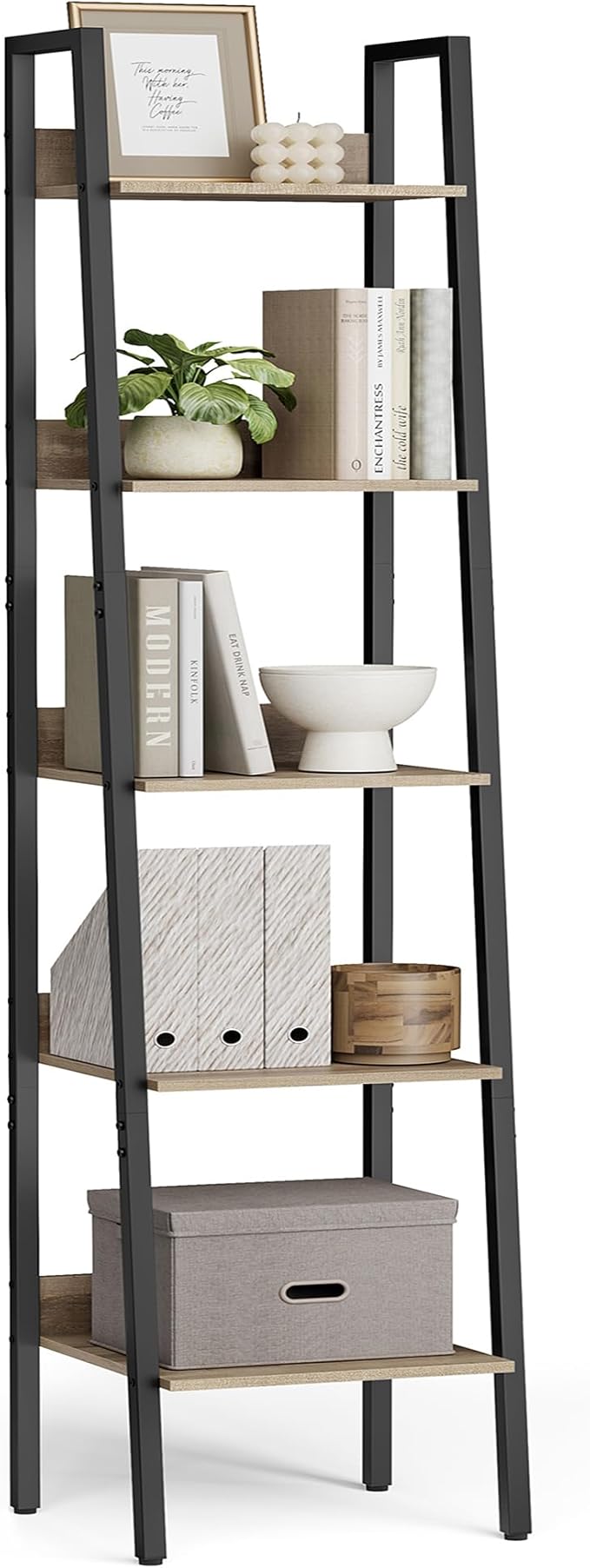 VASAGLE Bookshelf, 5-Tier Narrow Book Shelf, 11.8 x 13.3 x 66.9 Inches, Ladder Shelf for Home Office, Living Room, Bedroom, Kitchen, Camel Brown and Ink Black ULLS109B50V2